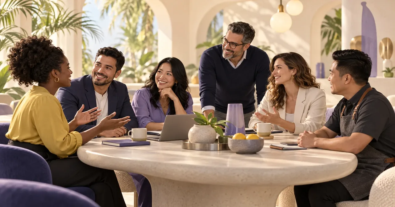 A diverse group of Central Florida small-business owners talking around a table at a networking gathering