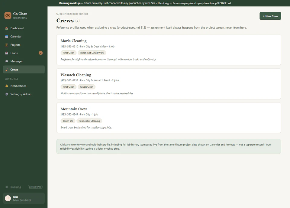 Simplified GoClean Company CRM crews screen using sample data