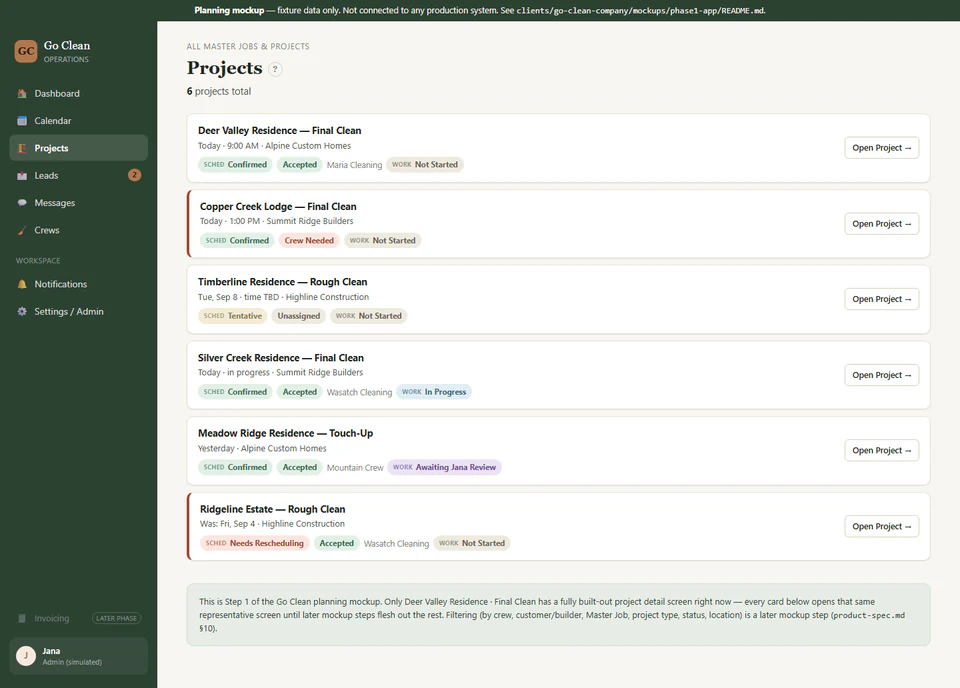 Simplified GoClean Company CRM projects screen using sample data