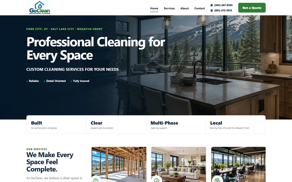 Redesigned GoClean Company homepage