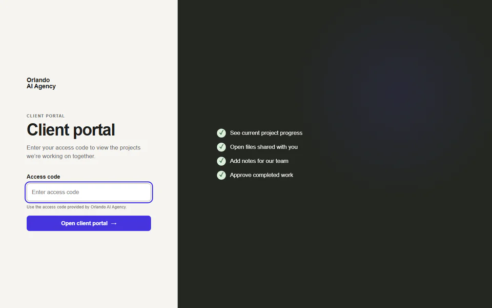 Orlando AI Agency client portal access screen with protected access-code entry