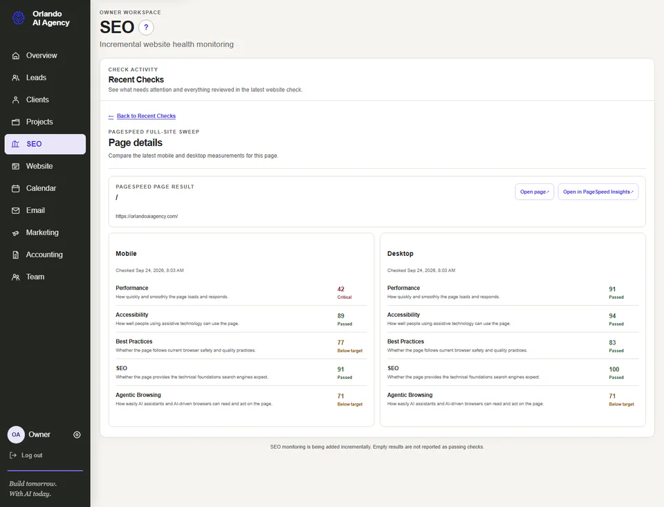 SEO PageSpeed detail view with mobile and desktop page measurements