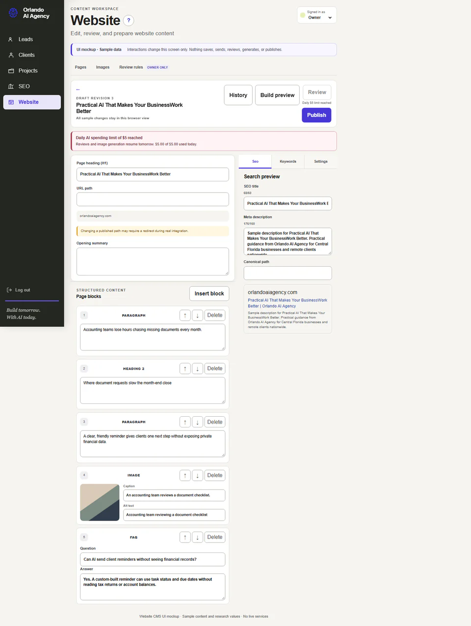 Website content editor with structured page blocks, search preview, keywords, settings, and publishing controls