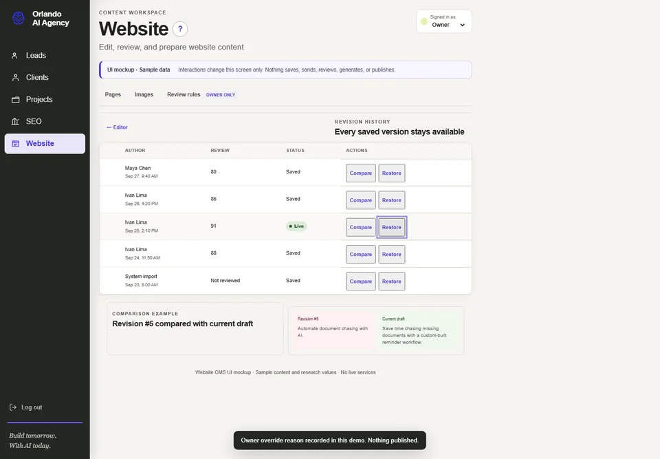 Website revision history screen with versions, authors, comparison, and restore controls