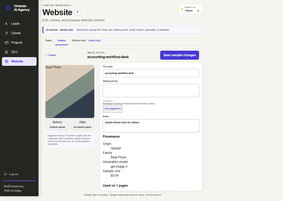 Website image detail view with image preview, caption, alternative text, status, and provenance